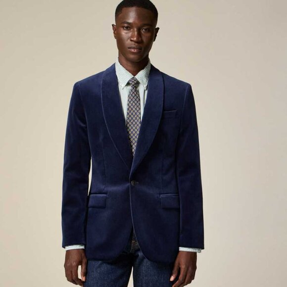New men's J Crew Ludlow slim-fit shawl-collar tuxedo jacket Navy velvet blazer